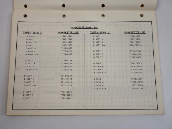 Deutz Preisliste Traktoren Zubehör für Baureihen DX 07 07C Intrac 1985