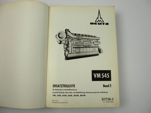 Deutz V6M V8M 545 Stationär Motor Schiffsmotor Ersatzteilliste 1970