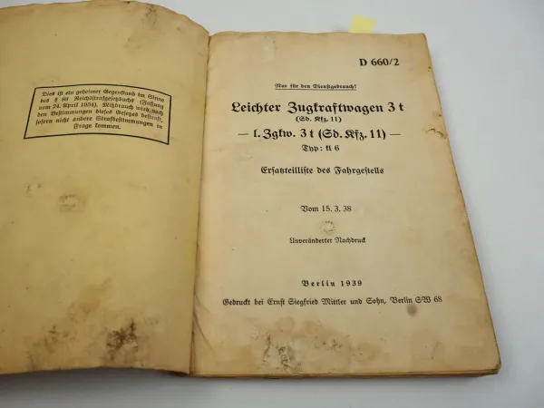 Dienstvorschrift D660/2 Sd.Kfz 11 tl6 Halbkettenfahrzeug Ersatzteilliste 1939