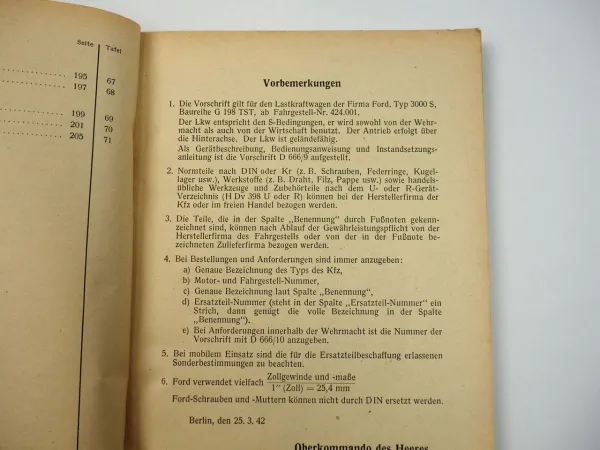 Dienstvorschrift D666/10 Ford 3t 3000S G198TST Ersatzteilliste Wehrmacht 1942