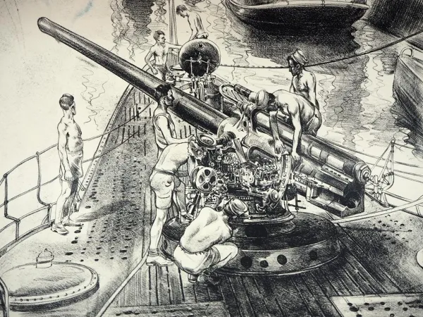 Druckgrafik Josef Arens Italienische U-Boote Deutsche Vorpostenboote La Pallice