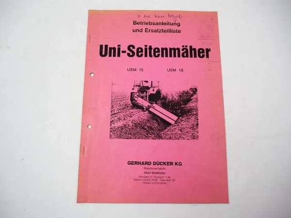 Dücker USM 15 18 Uni Seitenmäher Betriebsanleitung Ersatzteilliste 1991
