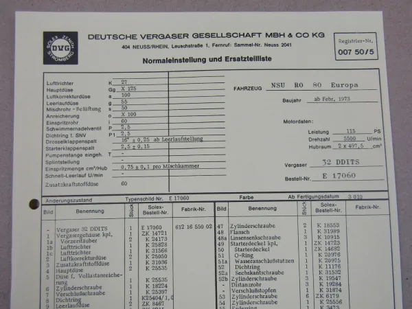 DVG 32 DDITS Vergaser Ersatzteilliste Normaleinstellung NSU RO 80 Europa ab 2/73