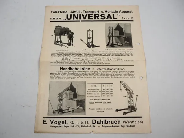 E. Vogel GmbH Dahlbruch Westfalen Transport Apparate Prospekt 1930er Jahre