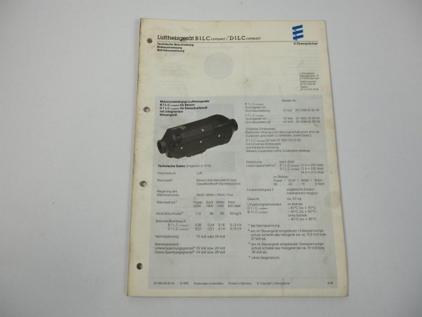 Eberspächer B1LC D1LC Compact Luftheizgerät Betriebsanleitung Einbau 1995