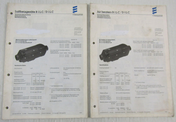 Eberspächer B1LC D1LC Einbau Betriebsanleitung Technische Beschreibung 1994