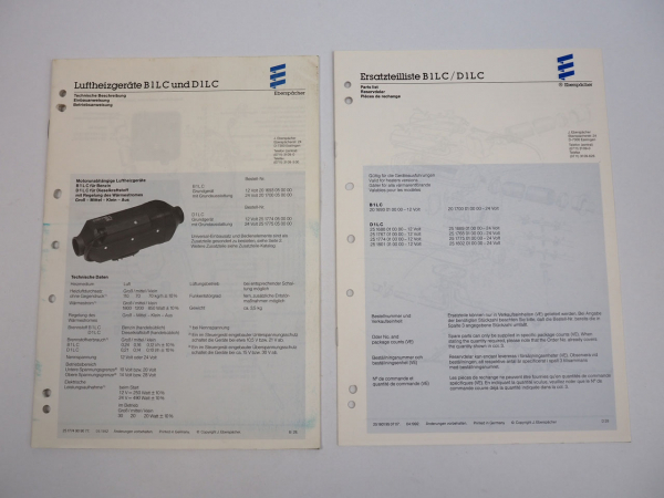 Eberspächer B1LC D1LC Heizgerät Betriebsanweisung Einbau Ersatzteilliste 1992