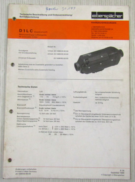 Eberspächer D1LC Einbau Betriebsanleitung Technische Beschreibung 1988