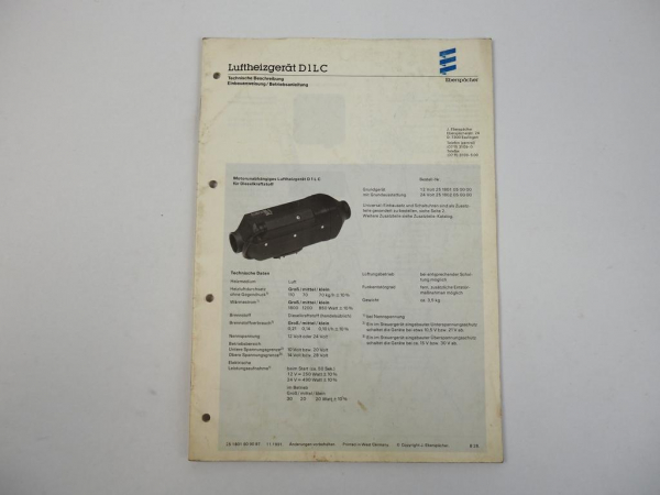 Eberspächer D1LC Heizgerät Betriebsanleitung Einbau 1991