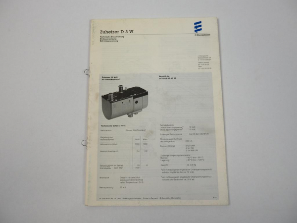 Eberspächer D3W Zuheizer Technische Beschreibung Einbau Betriebsanleitung 1995