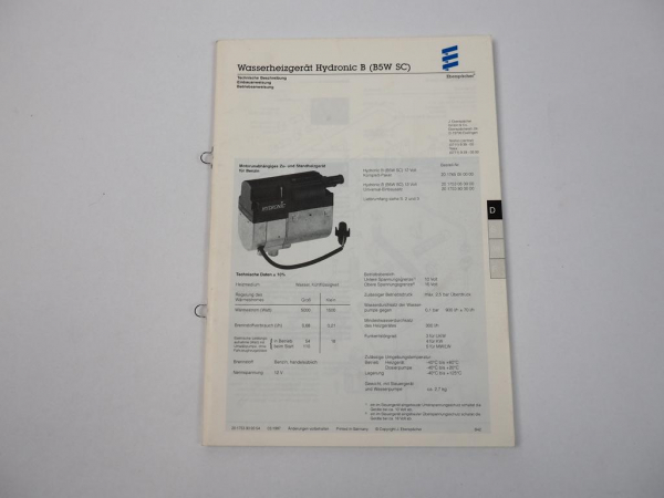 Eberspächer Hydronic B5W SC Wasserheizgerät Technische Beschreibung Einbau 1997