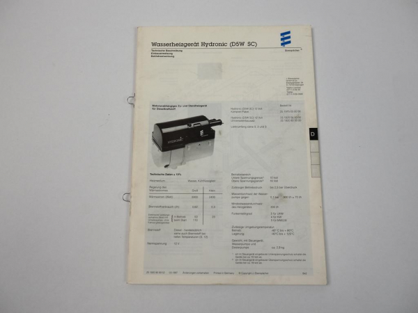 Eberspächer Hydronic D5W SC Wasserheizgerät Technische Beschreibung Einbau 1997