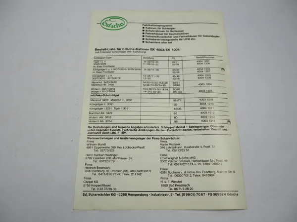 Edscha Kabine EK 4003 4004 für Eicher Schlepper Tiger Mammut Wotan Prospekt