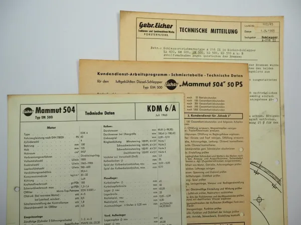 Eicher Mammut 504 EM500 60 PS Technische Daten & Anzugswerte Datenblatt 1965