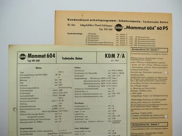 Eicher Mammut 604 EM600 60 PS Technische Daten & Anzugswerte Datenblatt 1965