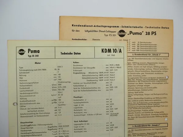 Eicher Puma I ES201 28 PS Technische Daten & Anzugswerte Datenblatt 1965
