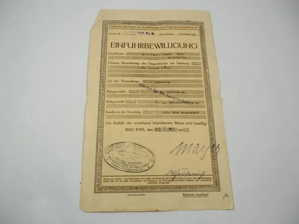 Einfuhrbewilligung Torpedo Fahrrad 1921 Deutschland Frankreich Besatzungszone