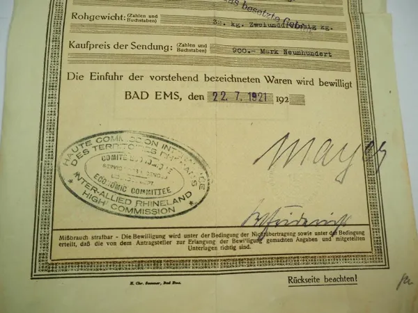 Einfuhrbewilligung Torpedo Fahrrad 1921 Deutschland Frankreich Besatzungszone