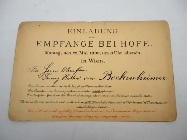 Einladung Empfang bei Hofe Wien 1899 Oberst Franz Ritter von Bockenheimer