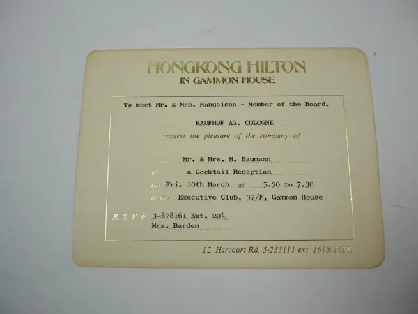 Einladung Executive Club Hongkong Hilton Gammon House Harcourt Rd. ca. 1970 J.