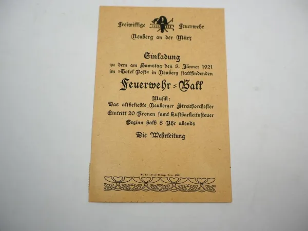 Einladungskarte Feuerwehr Ball Neuberg an der Mürz 1921 Österreich