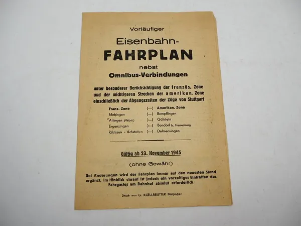 Eisenbahn Fahrplan nebst Omnibus Württemberg Stuttgart 1945