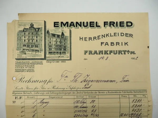 Emanuel Fried Frankfurt Herrenkleider Fabrik Rechnung 1922