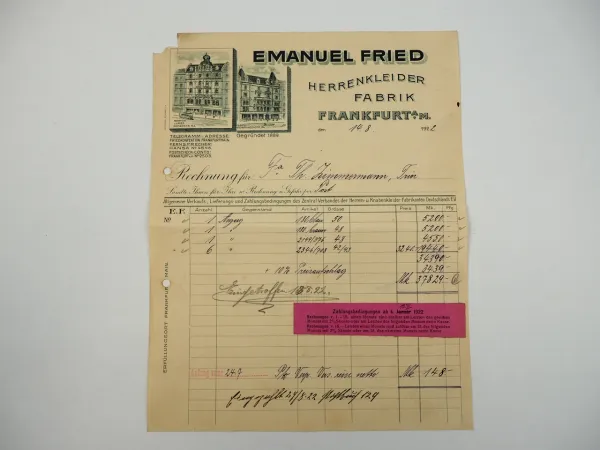 Emanuel Fried Frankfurt Herrenkleider Fabrik Rechnung 1922