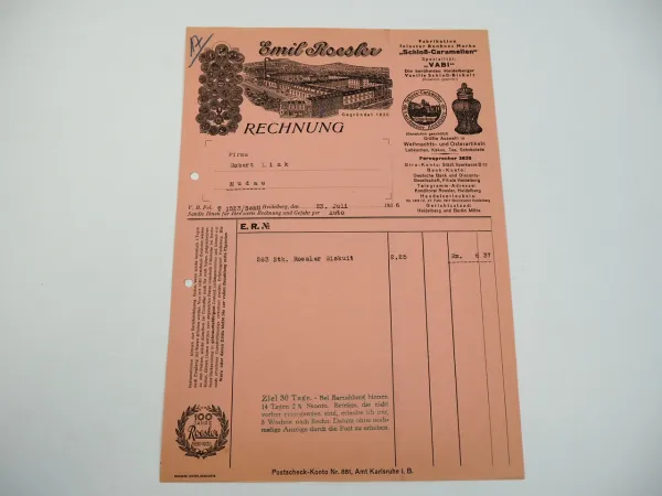 Emil Roesler Heidelberg Süßwarenfabrik Biskuit Bonbon Caramellen Rechnung 1936