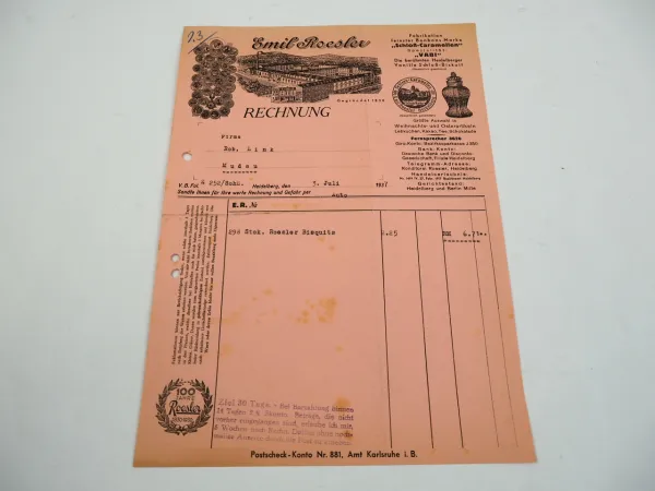Emil Roesler Heidelberg Süßwarenfabrik Biskuit Bonbon Caramellen Rechnung 1937