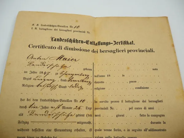 Entlassungsschein 1874 K.K. Landes Schützenbataillon Bregenz Österreich