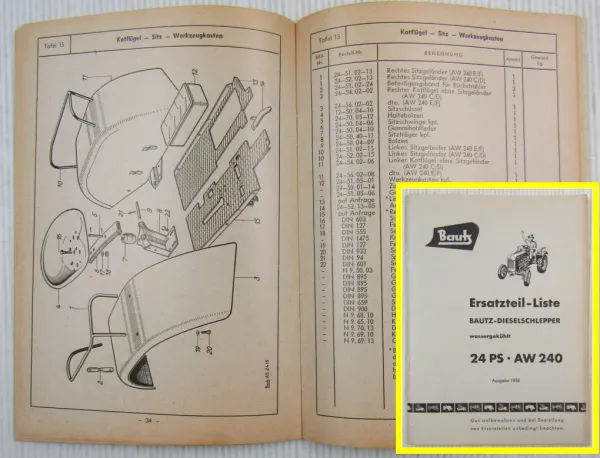 Ersatzteilkatalog Bautz AW240 Schlepper 24 PS Ersatzteilliste 1958 AW 240