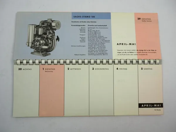 F&S Sachs Original Rechnungsblock Wochenkalender mit Produktbeschreibungen 1962