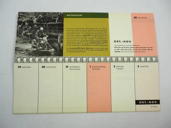 F&S Sachs Original Rechnungsblock Wochenkalender mit Produktbeschreibungen 1962