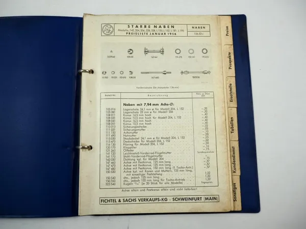 F&S Sachs Torpedo Naben Mappe mit Preislisten Ersatzteillisten Prospekte 1950 J.