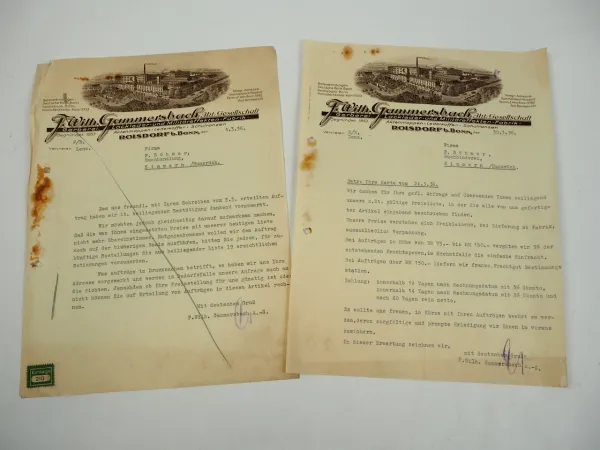 F. Wilh. Gammersbach AG Roisdorf Bonn Lederfabrik Koffer 2x Geschäftsbrief 1936