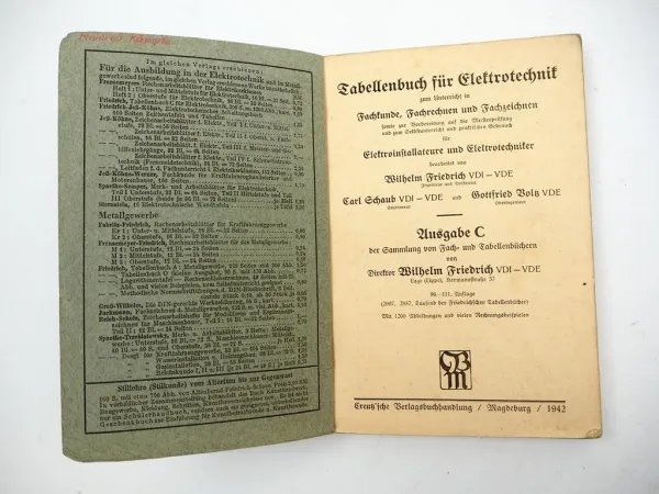 Fachbuch Tabellenbuch für Elektrotechnik 1942 Ausgabe C Wilhelm Friedrich