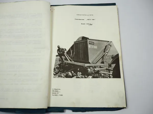 Fähse Beta 1500 Futterrübenroder Betriebsanleitung Ersatzteilliste ca. 1972