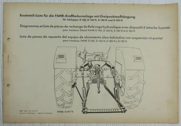 Fahr D 160 180 185 H Kraftheberanlage Dreipunkt Ersatzteilliste Liste Pieces 57