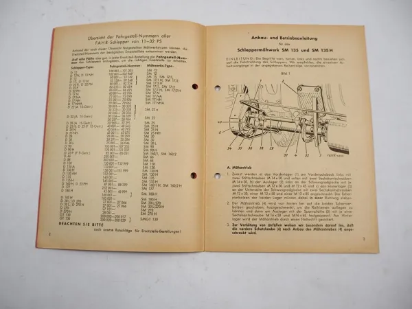 Fahr D135 135H Mähwerk SM135 SM135H Betriebsanleitung Ersatzteilliste 1959