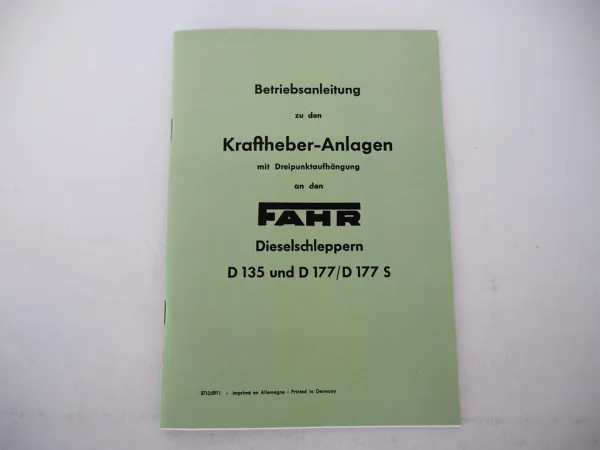 Fahr D135 D177 D177S Kraftheber Betriebsanleitung Bedienung Wartung