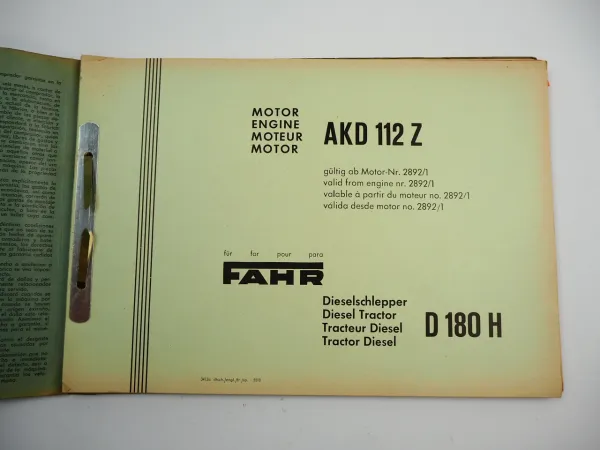Fahr D180H Dieselschlepper AKD112Z Motor Ersatzteilliste Ersatzteilkatalog 1955