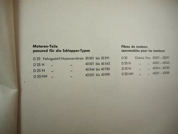 Fahr D25 H N NH Dieselschlepper Ersatzteilliste Liste Pieces de Rechange 1957