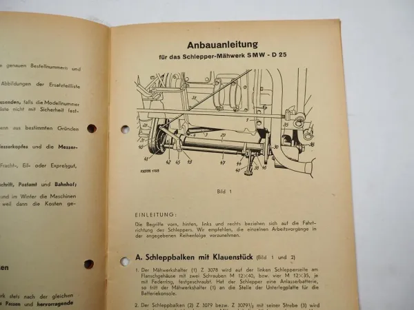 Fahr D25 Schlepper Mähwerk SMW D25 Betriebsanleitung Ersatzteilliste 1953