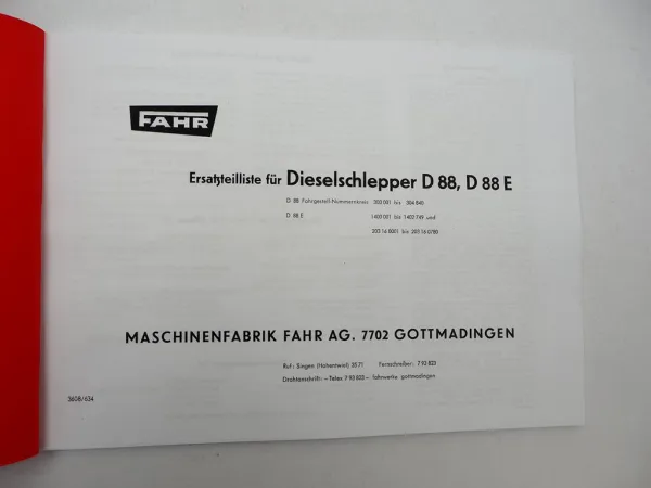 Fahr D88 D88E Schlepper Ersatzteilliste 1963