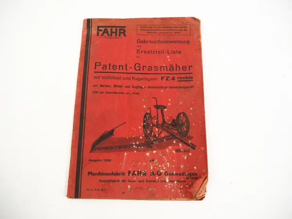 Fahr FZ4 Patent Grasmäher Bedienungsanleitung Ersatzteilliste 1936