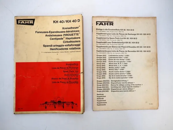 Fahr KH 40 40D Kreiselheuer Ersatzteilliste Ersatzteilkatalog Parts List 1969/74