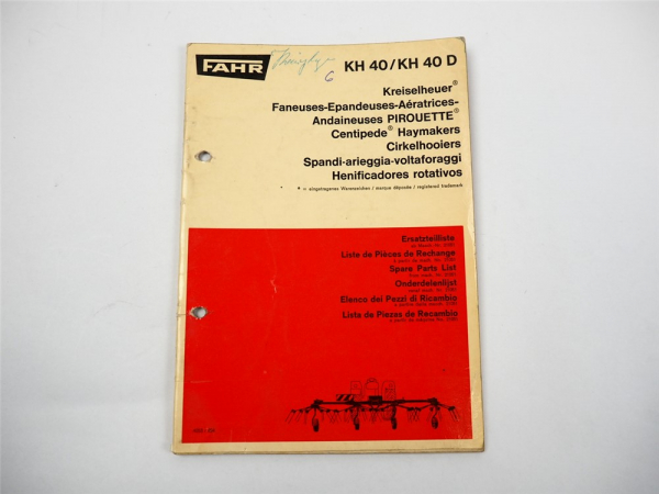 Fahr KH 40 40D Kreiselheuer Ersatzteilliste Liste de Pieces de Rechange 1969