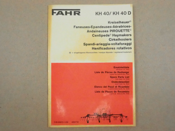 Fahr KH 40 40D Kreiselheuer Ersatzteilliste Spare Parts List 1971