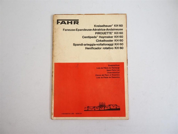 Fahr KH 60 Kreiselheuer Ersatzteilliste Spare Parts List Liste de Pieces 1973